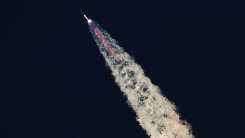 SpaceX's Starship flies during its fifth flight test, in Boca Chica, Texas.