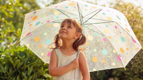 A young girl wearing a summer dress, holding an umbrella, surrounded by green plants