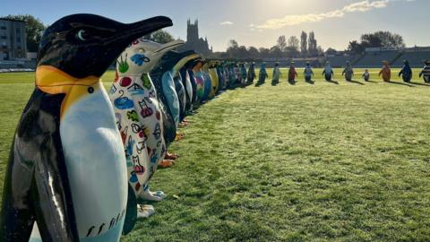 Dozens of colourful penguin statues lined up on a cricket field