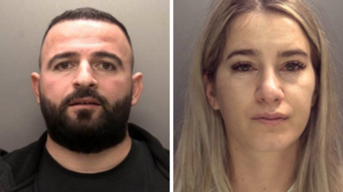 Two photos side by side, with a man on the left with dark hair and a beard wearing dark clothing. The woman on the right has long blonde/brown hair and they are both looking at a camera in front of a plain background. 