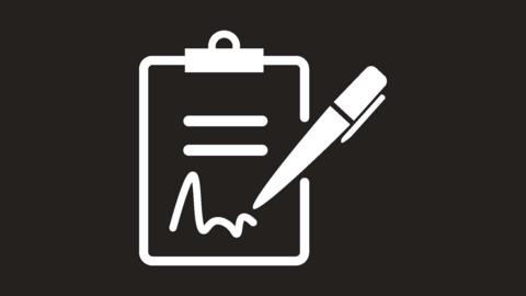 Cartoon image of a clipboard with a pen writing on to it