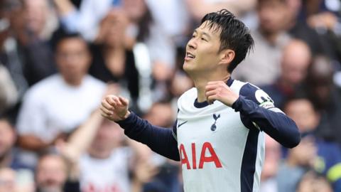 Son Heung-min celebrates scoring against Everton