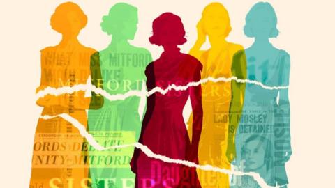 A poster with five diffently-coloured silhouette drawing of young women with newspaper headlines written across them about the Mitford sisters