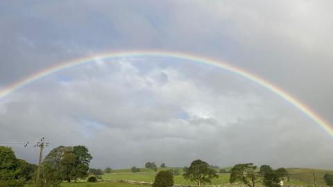 green hills with trees and sheep in distance under a cloudy sky with a rainbow arc high in the sky