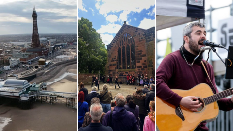 Blackpool tower, a crowd gathers outside a church in Prescot and a singer plays a guitar in Bootle
