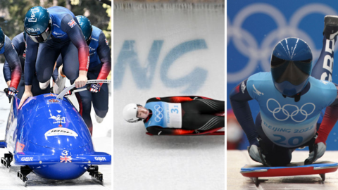 Split image of Britain's bobsleigh team, Wang Peixuan in the luge and Brogan Crowley of Team Great Britain competing at the skeleton