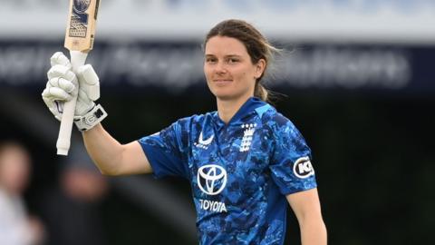 England's Amy Jones celebrates her century against West Indies in the first ODI at Derby