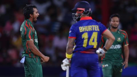 Tanzim Hasan Sakib of Bangladesh celebrates after bowling Kushal Bhurtel of Nepal during the ICC Men's T20 Cricket World Cup West Indies & USA 2024 match