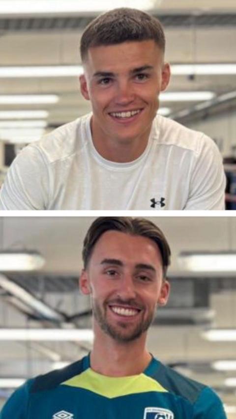 A composition image of brothers Taylor and Owen Bevan. They are both smiling at the camera. Taylor is in the top image and wears a white round neck t shirt with the black Under Armour logo on it, he has short light brown hair. Owen is in the bottom picture he has longer, side parted dark brown hair and stubble. He wears an AFC Bournemouth jersey in a deep teal blue colour with a yellow strip along the front.