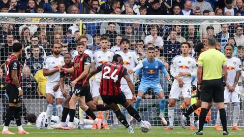 Antoine Semenyo scores Bournemouth's first goal against Leeds from a free-kick