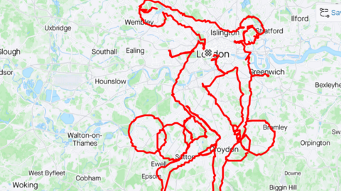 Strava map showing route in the image of a discus thrower with the olympic rings