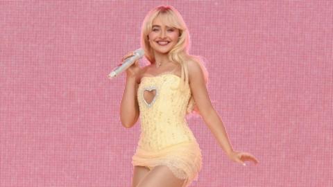 Sabrina Carpenter performing on stage, wearing a yellow dress in front of a pink background