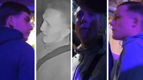 A collage of four seperate men. All of the images have been caught on CCTV. (L-R) The first man is wearing a blue jacket and has his back towards the camera. The second man is wearing a bag around his shoulder and a shirt. The third man is wearing a white sport jacket and looking at the camera. The final man in the collage is wearing a blue hoodie and looking away from the camera 