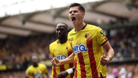 Luca Kjerrumgaard celebrates scoring for Watford 