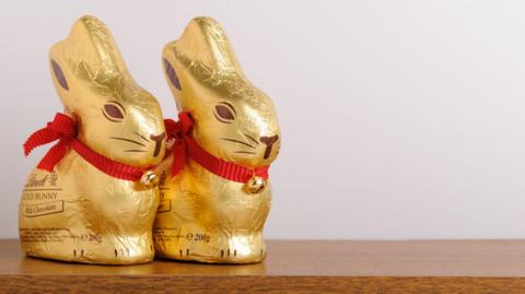 Two Lindt Easter chocolate rabbits next to each other on a wooden table with a blank beige wall behind. The rabbits are wrapped in gold coloured foil and have a red ribbon around their necks with a bell on.