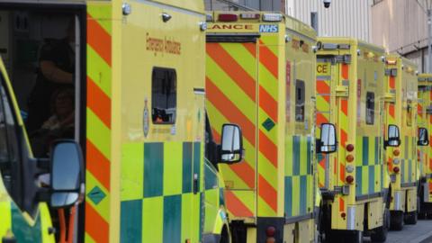 Ambulance vehicles line up at the Royal London Hospital. 