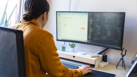 A woman in an orange blouse has her back to camera as she works with a computer and monitor in what appears to be a domestic setting. Her desk includes a mini pot plant and she is sitting beside a window.