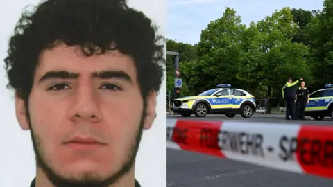 A split image, on the left suspect Abdul B., and on the right the police scene in Berlin city centre this morning