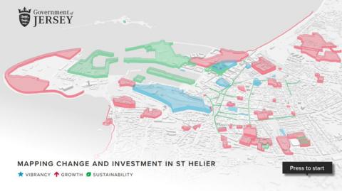 A 3D map of St Helier in Jersey. Areas on the map are coloured red - for growth, green - for sustainability, and blue - for vibrancy.