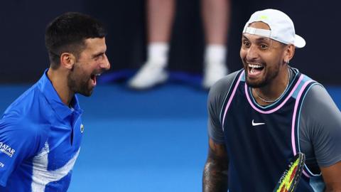 Novak Djokovic and Nick Kyrgios laugh during their Brisbane International doubles match 