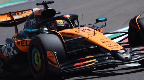 A close-up picture of Oscar Piastri's McLaren in first practice for the Emilia-Romagna Grand Prix