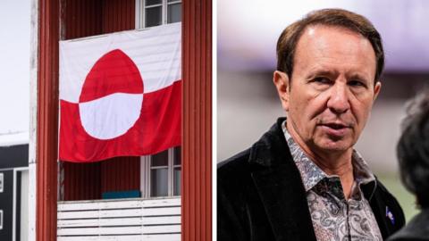 A composite image showing the Greenland flag on a building and Jeff Landry.