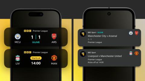 Graphic showing live score updates on BBC Sport app