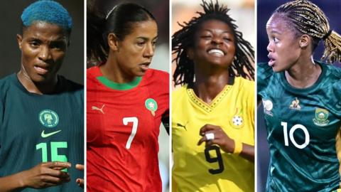 A composite image split into four vertical columns showing, from left to right, Rasheedat Ajibade, Ghizlane Chebbak, Doris Boaduwaa and Linda Motlhalo playing football for their countries