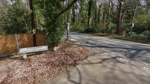 A tree-lined road with a  road sign that reads "Avenue Road" to the right. 