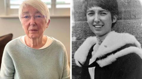 Pauline Collier on the left as an 80-year-old woman and on the right as a young woman in a black and white photo in what appears to be a graduation gown.