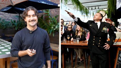 Split screen of BBC journalist in a pub garden holding a wooden paddle with two coins on it, and a man who is in a pub garden tossing two coins off a wooden paddle.