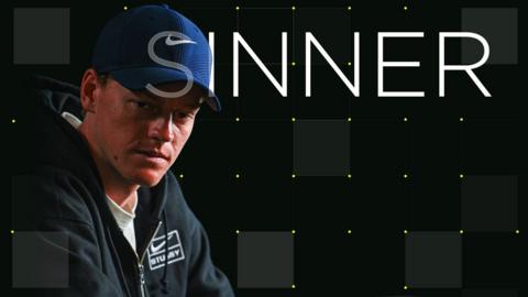 Jannik Sinner image showing him in jacket and cap against a dark background, with the image having the name SINNER superimposed
