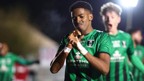  Kyrell Lisbie celebrates scoring a goal against Charlton in the first round of the FA Cup for non-league side Cray Valley Paper Mills