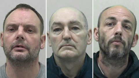 Mugshots of Craig Rogers, Lee Justice and Lee Kinnell. Rogers has a scruffy short grey beard and receding short brown hair. Justice is bald and pasty looking. Kinnell has a scruffy black and grey bard and is balding.