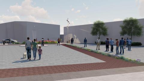 An artist's impression showing the new open space with paved area and flower beds and people walking 