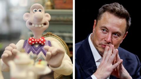 Wallace from Wallace & Gromit on left side, Elon Musk on right side