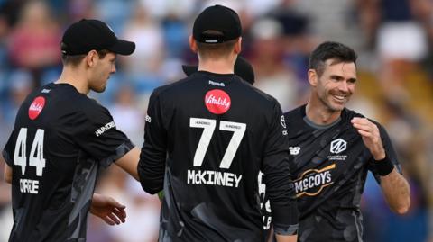 James Anderson celebrates his first wicket in The Hundred