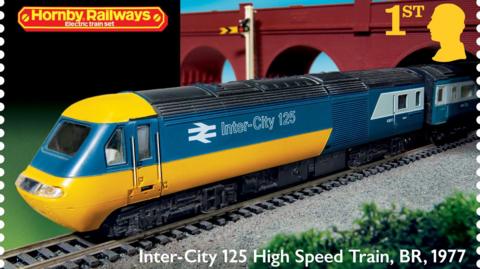 One of the eight stamps, showing a model blue and yellow InterCity 125 High Speed Train, BR, 1977.