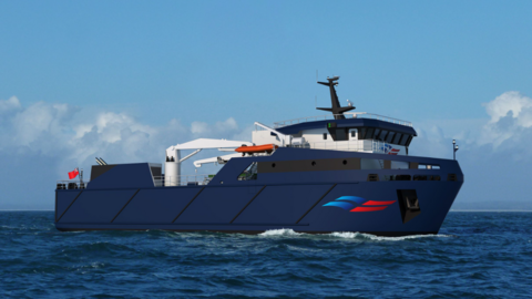 An impression of a blue boat at sea with a telehandler and a cockpit aforeships and a logo coloured blue and red on the forward starboard side of the hull and a red ensign fluttering from the aft end of the vessel.