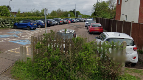 Several cars parked in a car park. A hedge and wooden fence are in front of two cars.