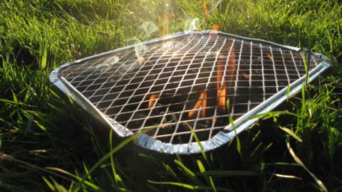 A disposable barbecue in the sunshine on the grass