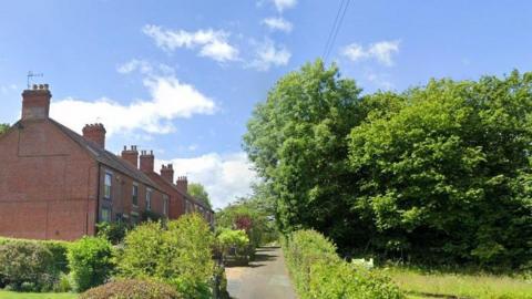A row of terrace houses on the left hand side of the image and an area of trees and foliage on the right hand side. There is a narrow lane running in between.