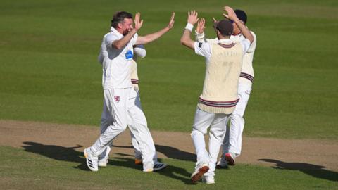 Somerset celebrate taking a wicket