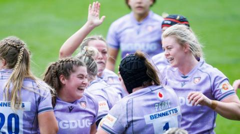 Gloucester-Hartpury celebrate Ellena Perry's try against Bristol Bears