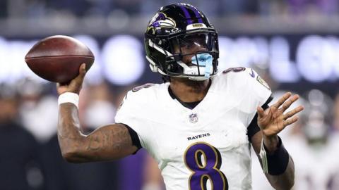 Lamar Jackson prepares to throw an American football