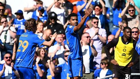 Jhon Solis celebrating scoring Birmingham City's second goal against Bristol.