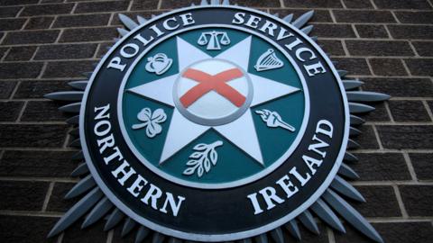 The PSNI emblem on a brick wall. It includes scales, a harp, a torch, a leaf, a shamrock an a crown. 
