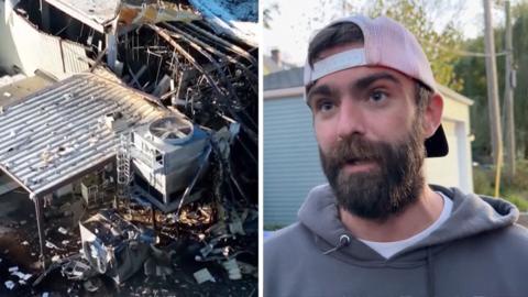 split screen of building damage and a man