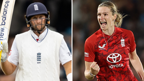 A split graphic of Joe Root and Lauren Bell
