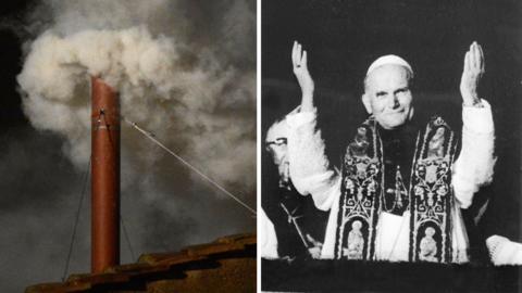 Composite of Sistine Chapel chimney emitting white smoke and Pope John Paul II at his election